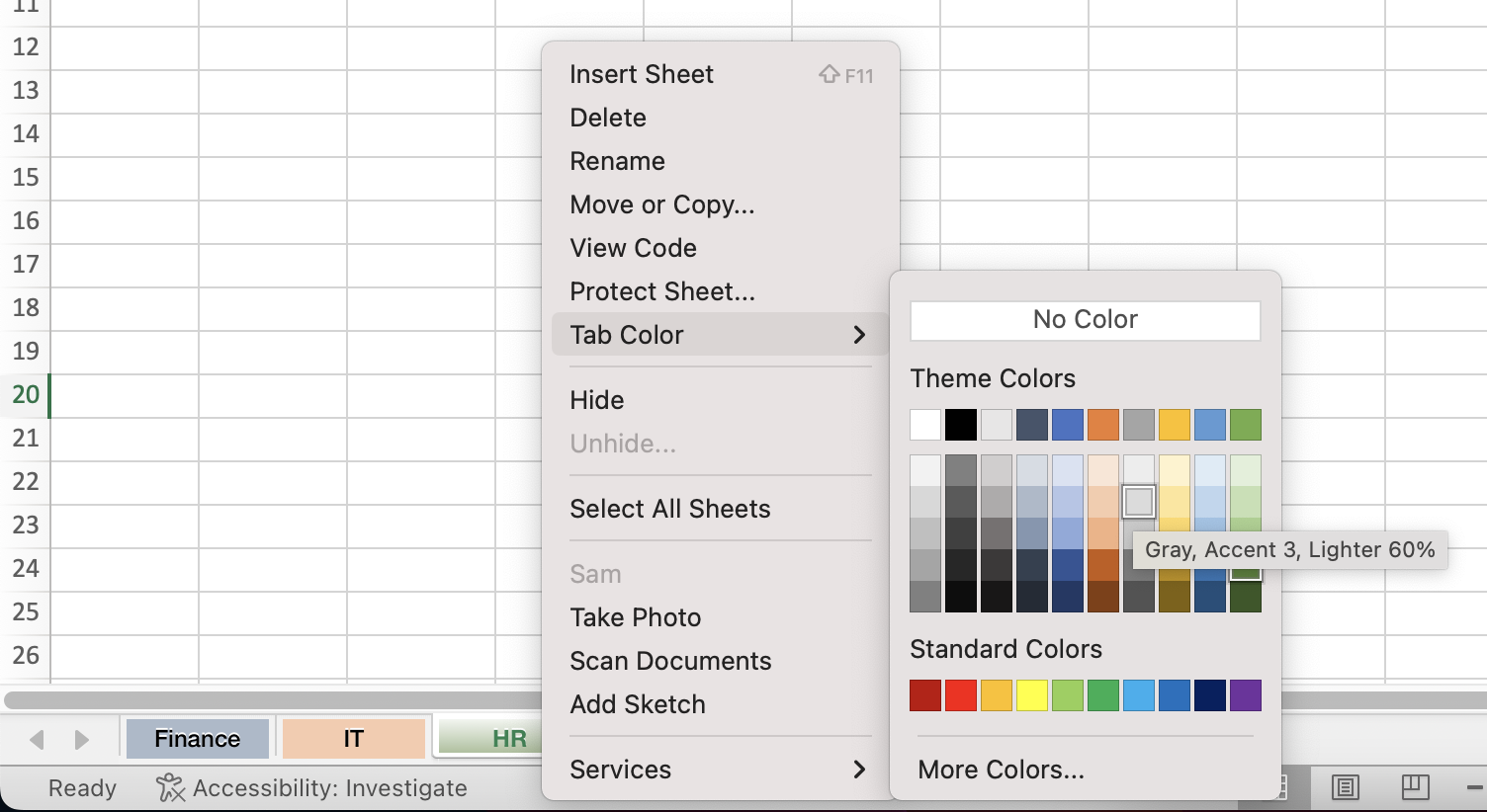 Change tab color Excel on Mac
